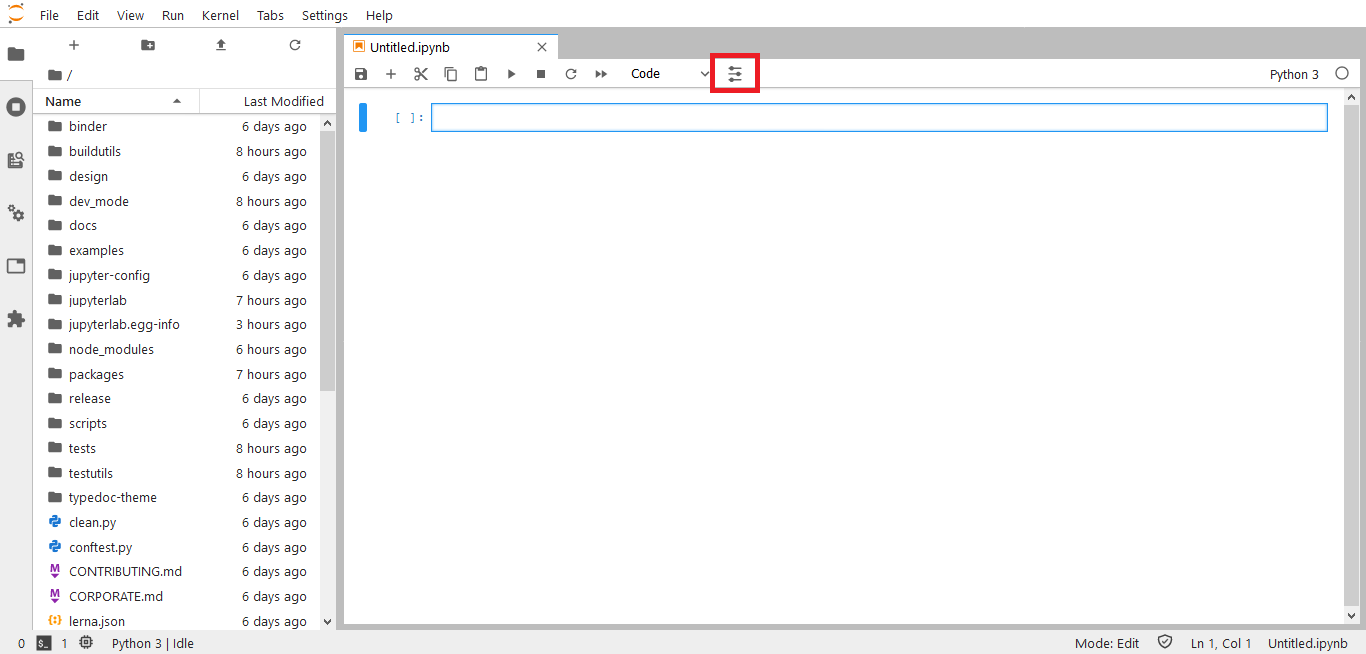 Uma imagem da interface do JupyterLab. O ícone \